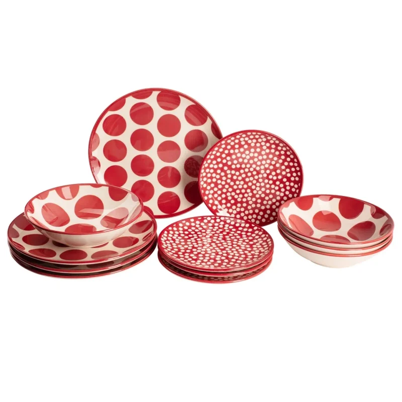 12 piece dinner set white red dots collection