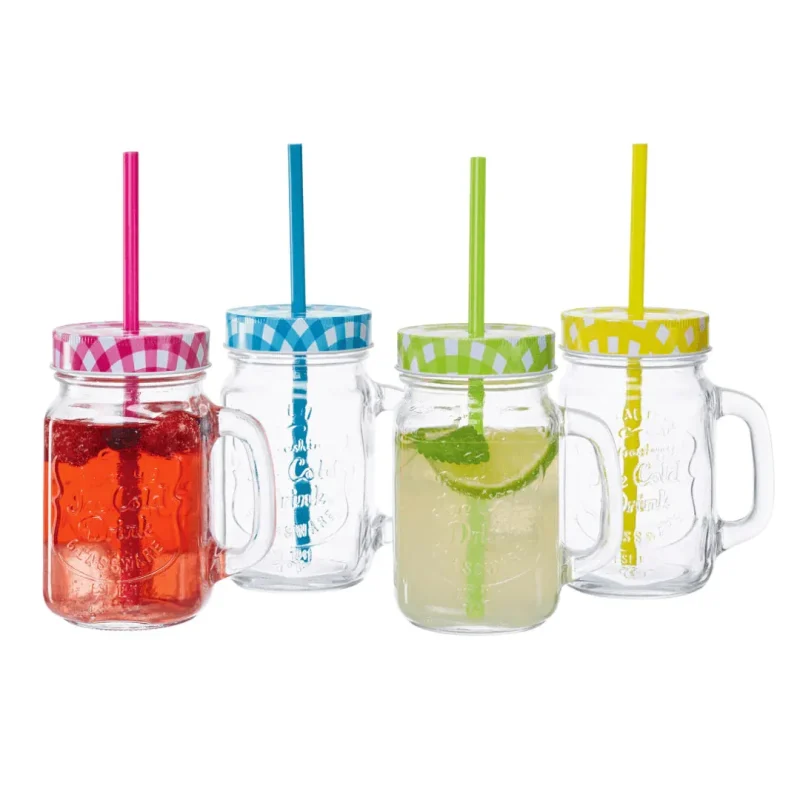 4 reusable glass cups with lids straws set eco friendly