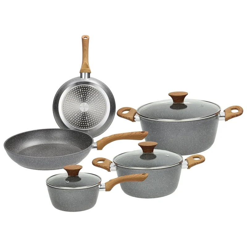 8 piece grey marble cooking set w wooden handles